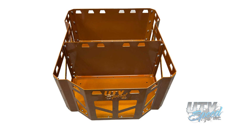 Polaris RZR 1000 Cargo Rack Bed Box by UTV Speed Inc. UTVRZR1BEDBOX Comes with three individual compartments that can be removed to make one large compartment. Bed box comes powder coated satin black and fully assembled ready for install.