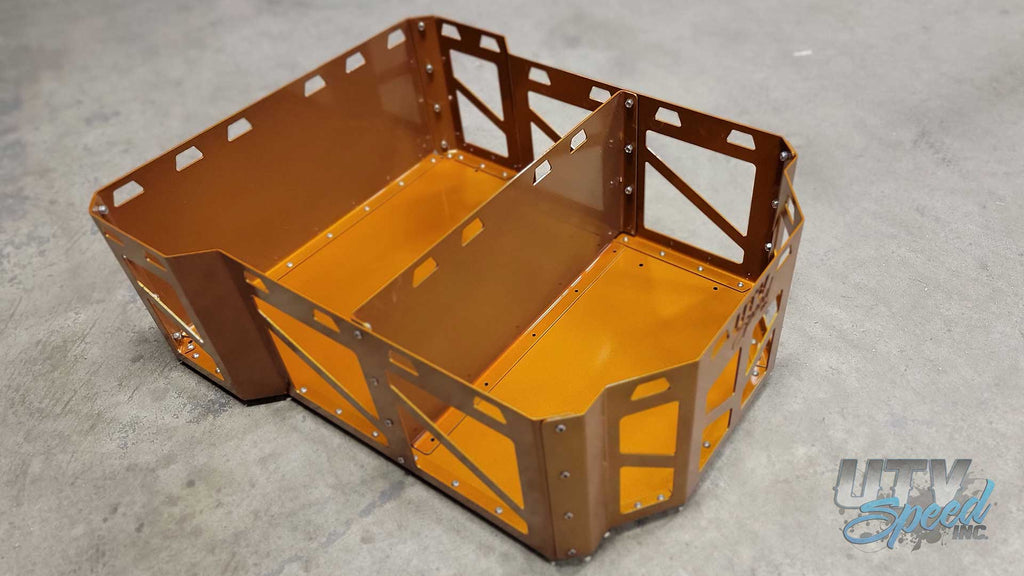 Polaris RZR 1000 Cargo Rack Bed Box by UTV Speed Inc. UTVRZR1BEDBOX Comes with three individual compartments that can be removed to make one large compartment. Bed box comes powder coated satin black and fully assembled ready for install.