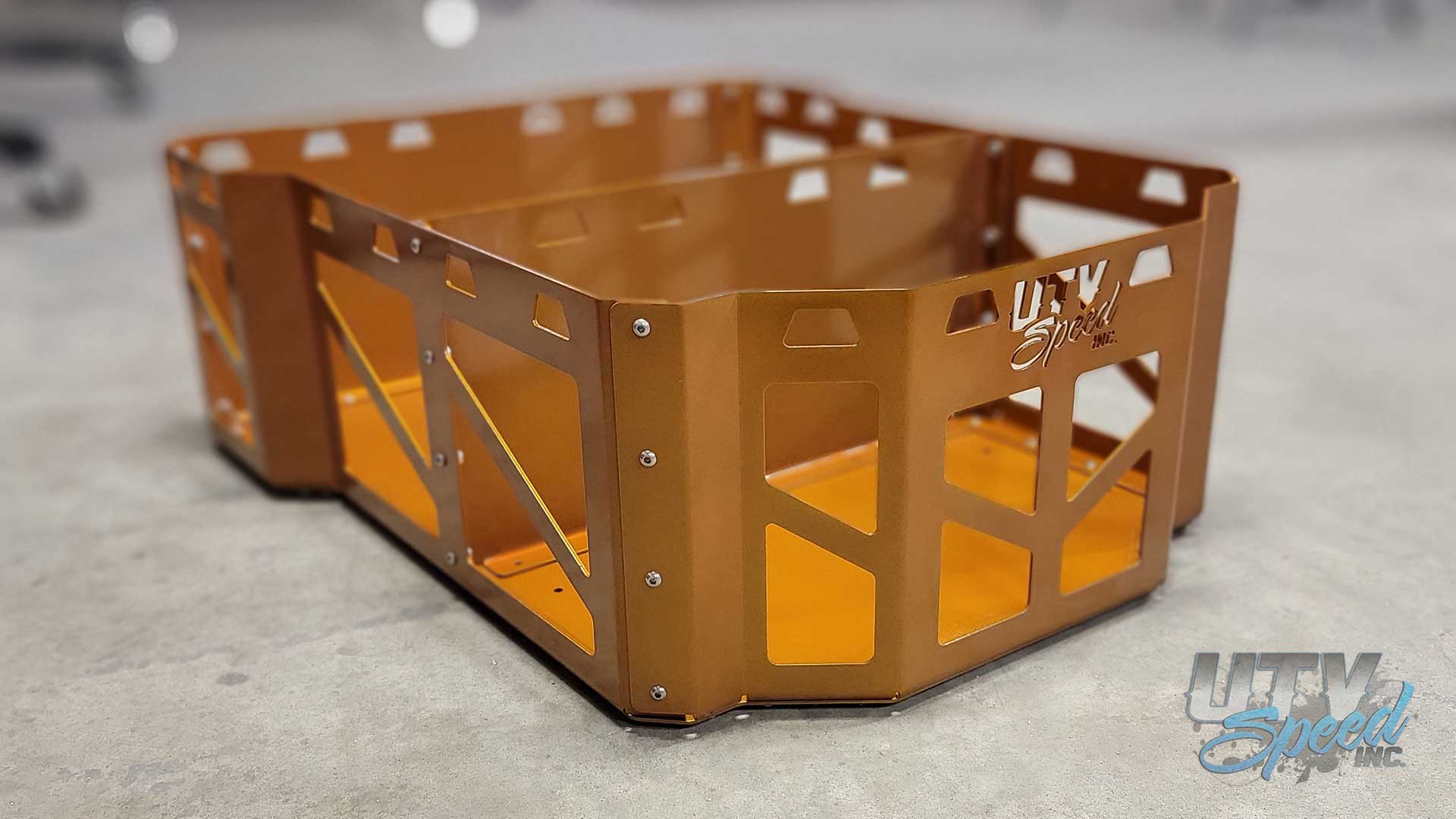 Polaris RZR 1000 Cargo Rack Bed Box by UTV Speed Inc. UTVRZR1BEDBOX Comes with three individual compartments that can be removed to make one large compartment. Bed box comes powder coated satin black and fully assembled ready for install.